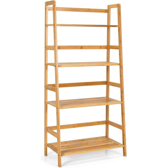 LINJH Ladder Shelf, 4 Tier Bamboo Ladder Bookshelf, 48’’ Tall Freestanding Bookcase Storage Rack Plant Stand for Living Room, Balcony, Office, Bedroom, Farmhouse Wooden Ladder Bookshelf, Natural
