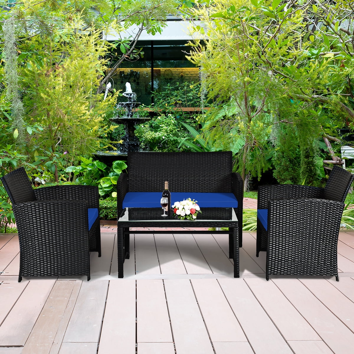 Costway 4PCS Patio Rattan Furniture Conversation Set Cushion Sofa Table Garden Navy