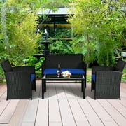 Patiojoy 4 Piece Outdoor Patio Rattan Furniture Set Navy Cushioned Seat For Garden, porch, Lawn