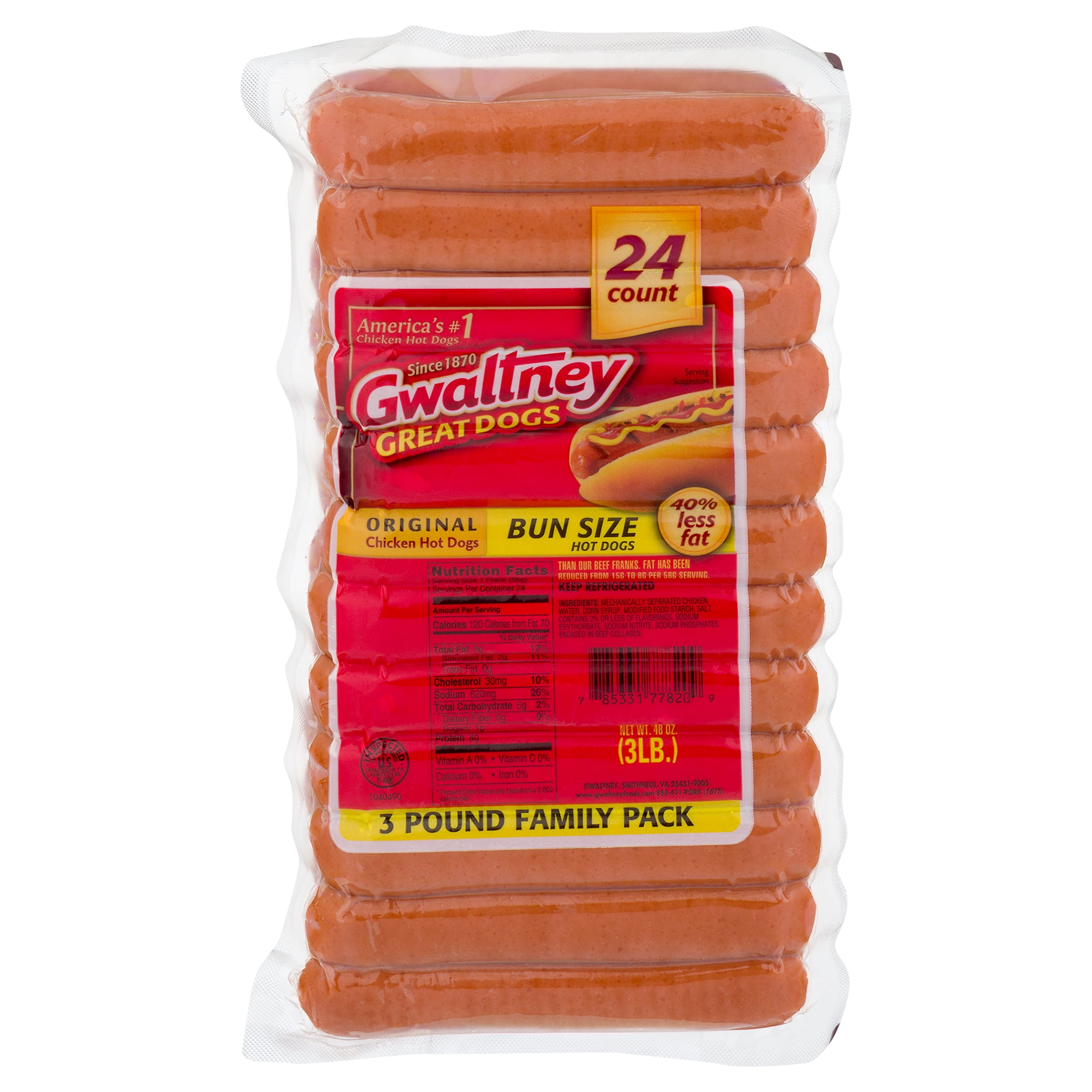 Gwaltney Original Chicken Hot Dogs, Bun Size, 3 lb