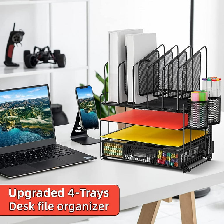 Desk Organizer with Mesh File Holder, 4-Tier Office Supplies Desk  Organizers and