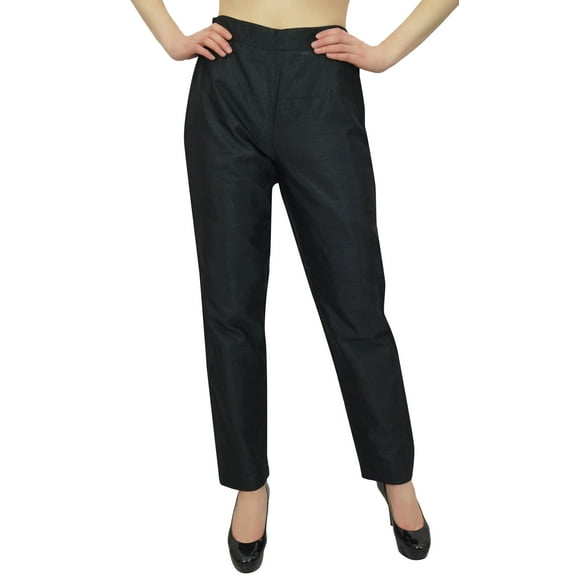 Phagun Women's Black Dupion Pants High Waist Narrow Bottom Trousers-XX-Large