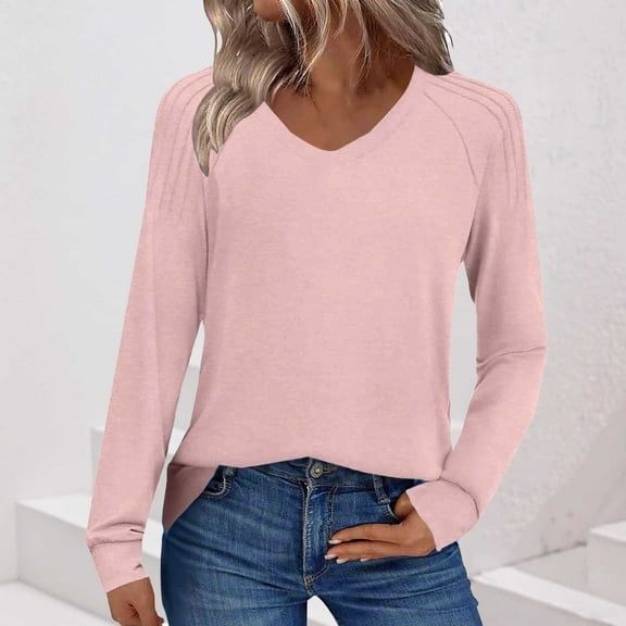 SYMOID Womens Pink Long Sleeve V Neck Raglan Top - 95% Polyester 5% Spandex Stretch, Relaxed Fit Casual Everyday Layering Shirt, Budget-Friendly for Walmart Shoppers,Size L