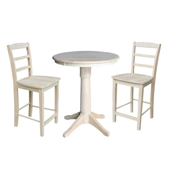 30" Round Top Pedestal Counter Height Table with 2 Madrid Stools - Unfinished - 3 Piece Set