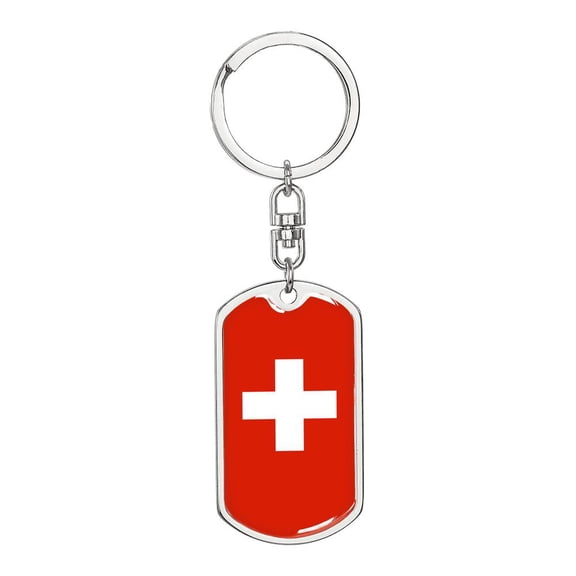 Switzerland Flag Keychain Dog Tag Stainless Steel or 18k Gold