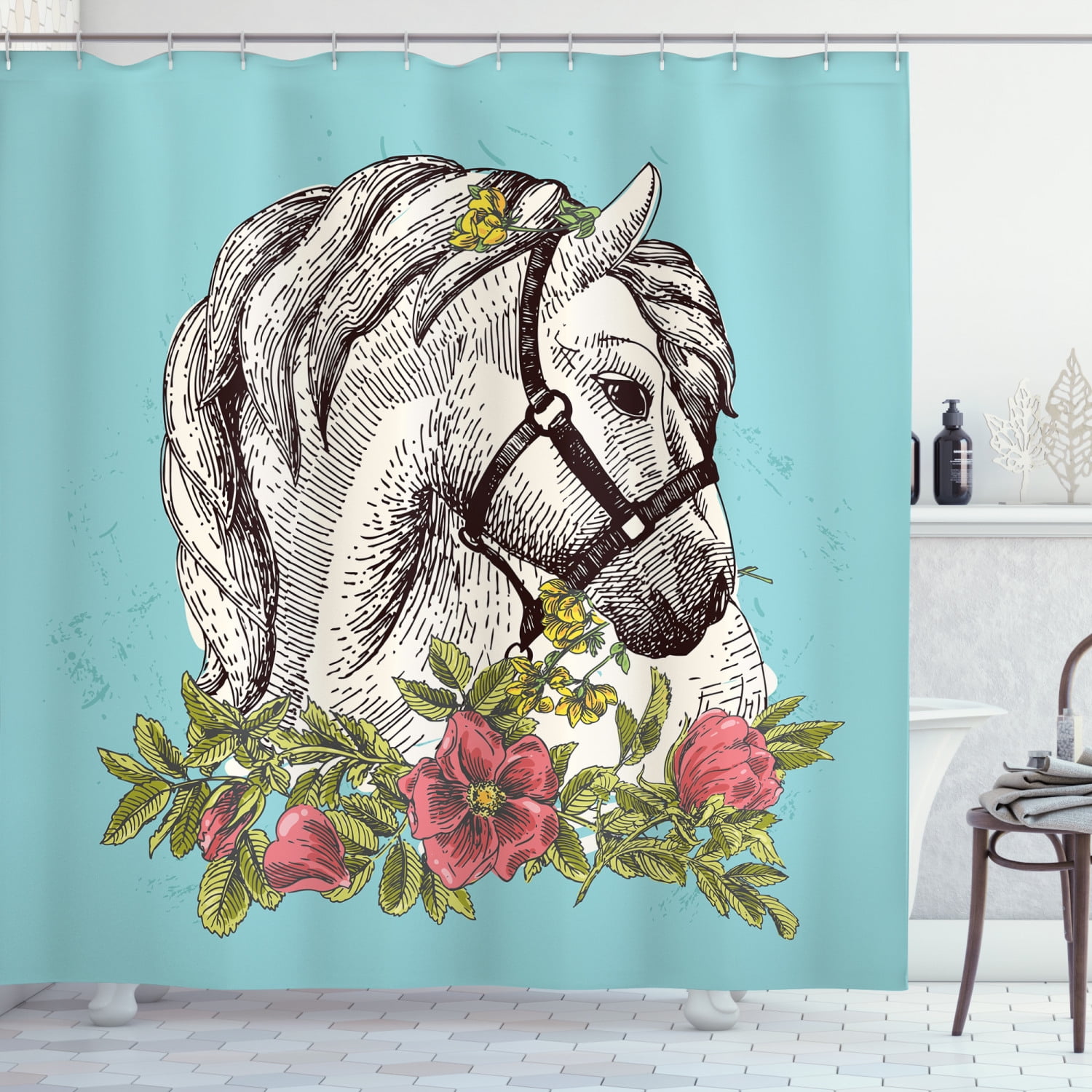 Floral Shower Curtain, Boho Style Horse Opium Blossoms Poppy Wreath Equestrian Illustration, Fabric Bathroom Set with Hooks, 69W X 70L Inches, Turquoise Apple Green, by Ambesonne