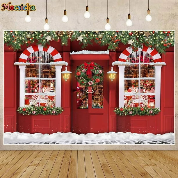 Mocsicka fondos de casa roja de Navidad para fotografía, Corona de Navidad al aire libre, nieve, retrato de fondo, accesorios de estudio fotográfico para niños y niñas