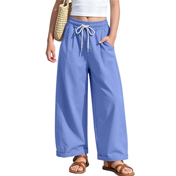 Oiangi Girls Beach Pants Elastic Waist Wide Leg Trousers Casual Rolled Up Pant for Summer Vacation Blue 12 Years