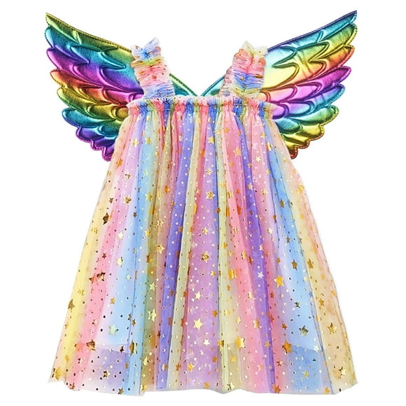 LUOGENLI Dress Toddler Girls Sleeveless Rainbow Tie Dyed Star Sequin Tulle Ruffles Princess Dress Dance Party Dresses Clothes Spring Dress for Girls 2025 Purple 4-5 Years