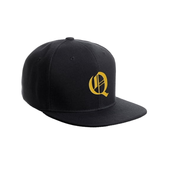 Daxton Classic Snapback Hat Old English Font Alphabet A to Z Flat Bill Visor Cap, Black Hat, Gold Q