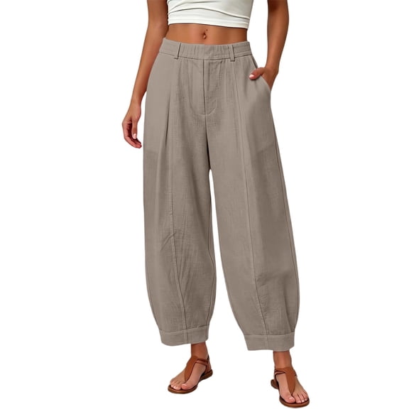 Vynhevius Women Summer Solid Pleated Barrel Cropped Pants, Elastic High Waist Loose Pocket Ankle Trousers, Versatile Vacation Loungewear Bottoms