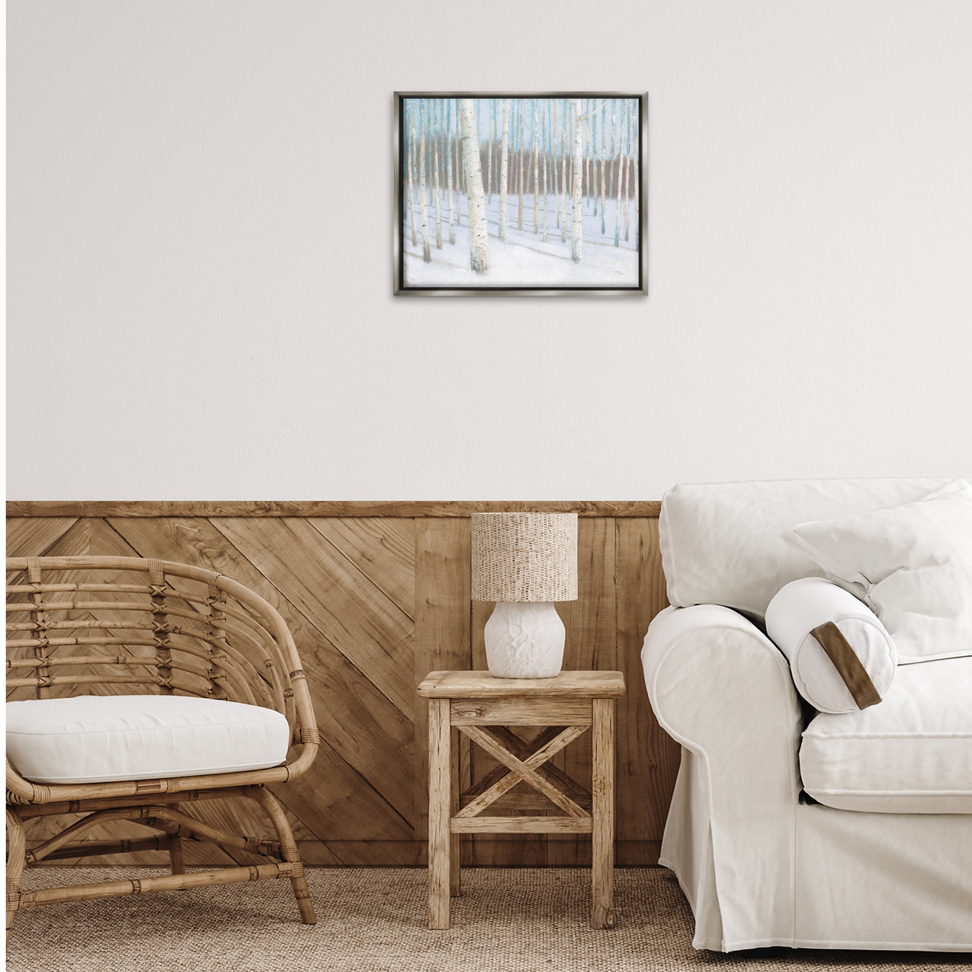 Stupell Industries Winter Birch Forest Landscape & Nature Painting Gray Floater Framed Canvas Art Print Wall Art, 21 x 17