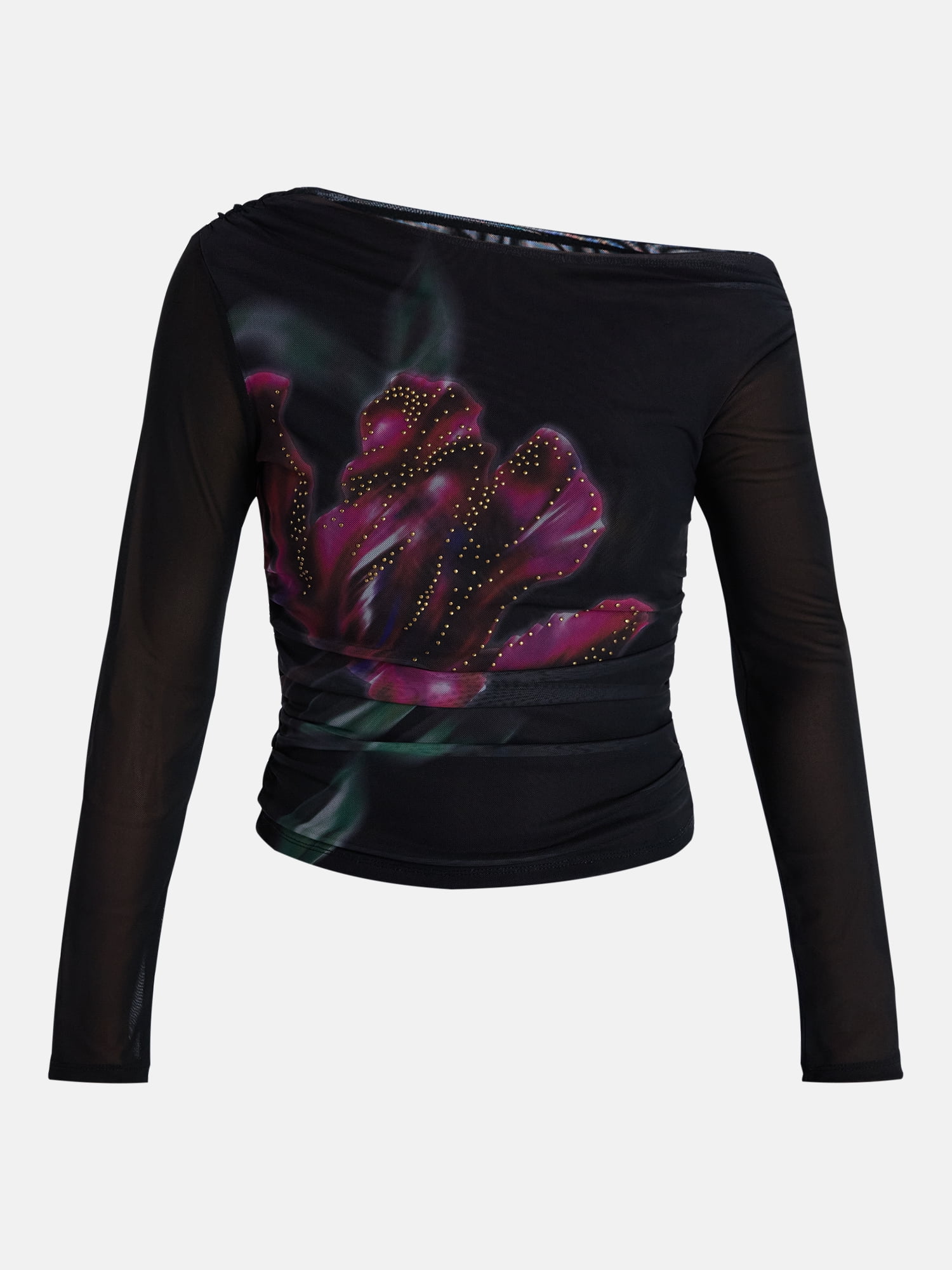 Madden NYC Women’s Asymmetrical Mesh Top with Long Sleeves, Sizes XXS-XXL