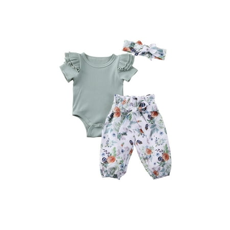 

Newborn Baby Girls Clothes 3pcs Outfits Short Sleeve Romper Bodysuit Tops Floral Pants Headband Set