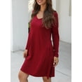 thumbnail image 3 of SHIBEVER Women Dress Casual Party Plain Mini Dress for Women Fall Long Sleeve Cute Fit V Neck Pocket Loungewear Dresses Winered, 3 of 6