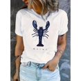 thumbnail image 1 of Women's Stylish Lobster Graphic Print Short Sleeve T-Shirt - Soft Polyester Blend, Casual Summer Top with Vibrant Blue & Orange Lobster Design, Comfortable Round Neck Tee for Casual Attire, Casual At, 1 of 6