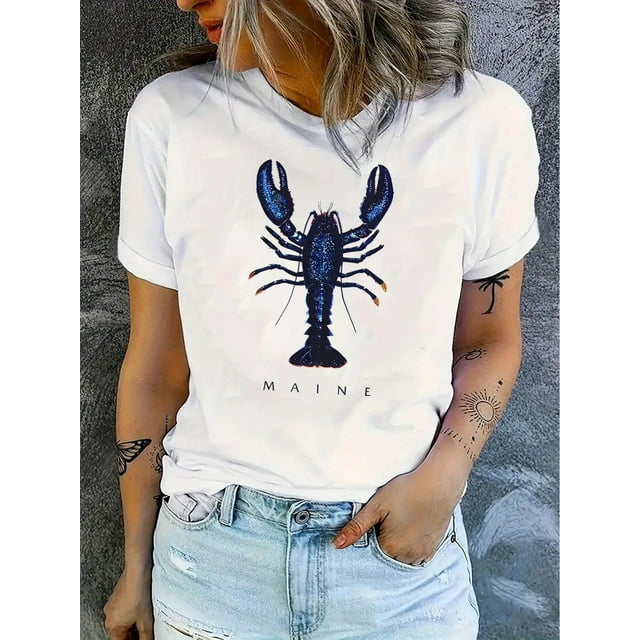 Women's Stylish Lobster Graphic Print Short Sleeve T-Shirt - Soft Polyester Blend, Casual Summer Top with Vibrant Blue & Orange Lobster Design, Comfortable Round Neck Tee for Casual Attire, Casual At