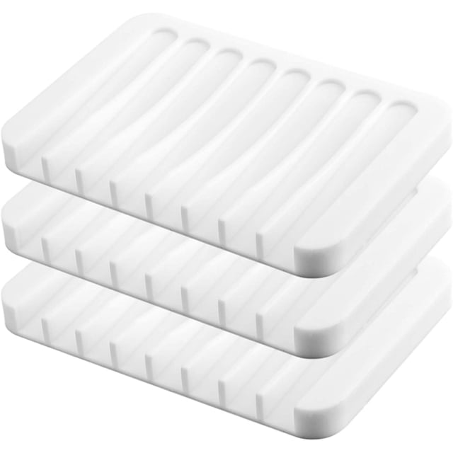 Silicone Soap Dish for Shower, Bar Soap Holder, Soap Saver with Drainer, Soap Tray for Bathroom Kitchen, Self-draining Waterfall, Easy Cleaning (Pack of 3) (White)