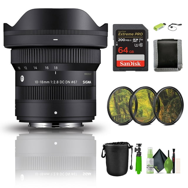 Sigma 10-18mm f/2.8 DC DN Contemporary Lens Compatible with FUJIFILM X Bundle With Extreme PRO 64GB Memory Card + Lens Pouch + Lens Cap Keeper + Vlogging Tripod And More Accessories