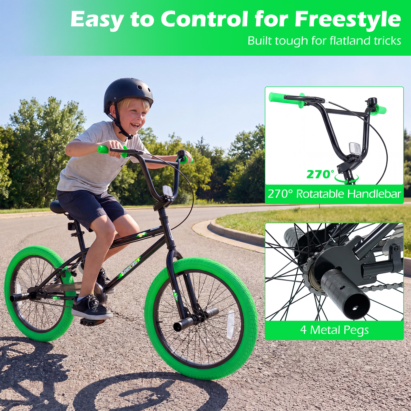 MULTIGOT Freestyle BMX Bike, 20" Trick Bicycle w/ 270° Steering, Adjustable Seat Green
