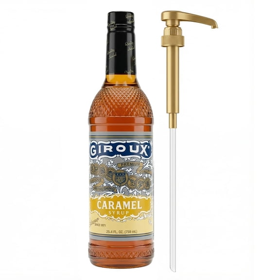 Giroux Caramel Syrup - Premium Natural Flavor Syrup for Coffee & Beverages (25.4 fl oz / 750 ml) - Includes Pump - 1 Pack