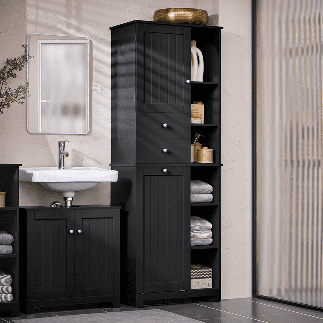 SoBuy Armoire de Rangement Haute pour Salle de Bain avec Panier à Linge BZR104-SCH