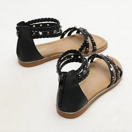 

SHYWJJ Womens Summer Rhinestone Embellished Flat Braided Shoes Studding Gladiator Sandals with Zipper Closure
