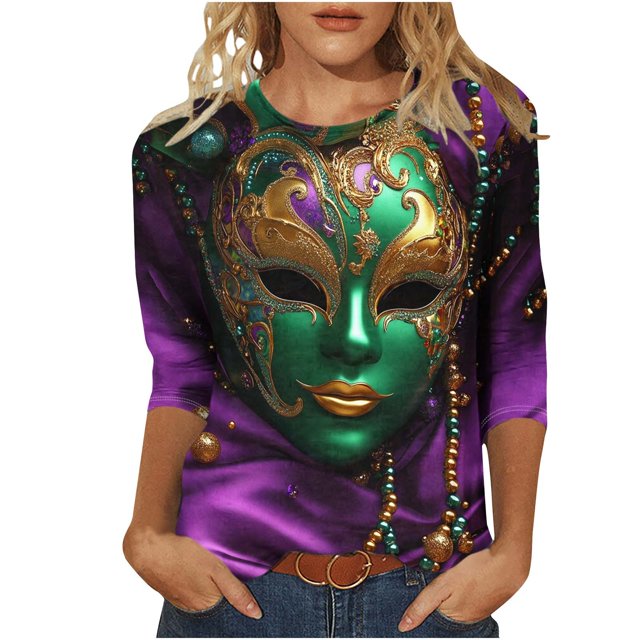 Penkiiy T-shirt Blouse Décontractée à Manches 3/4 et Col Rond pour Femmes, Impression Mode Mardi Gras, 3TG Multicolore