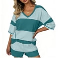 thumbnail image 4 of Two Piece Shorts Set For Women Summer Casual Striped V Neck Short Sleeve Top And Pocket Shorts Outfit For Vacation Lounge Travel Matching Outfit Beach Cruise Airport Style, 4 of 5