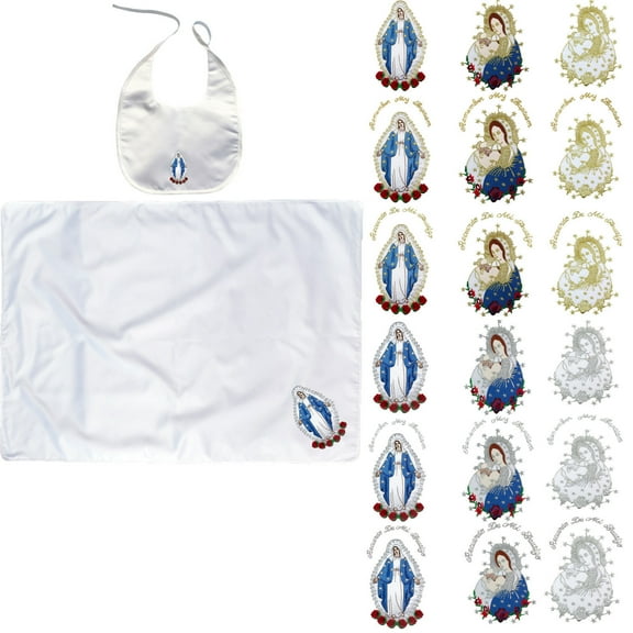 Baby Baptism White Swaddle Blankets & Bib Set Embroidery Holy Virgin Mary & Pope