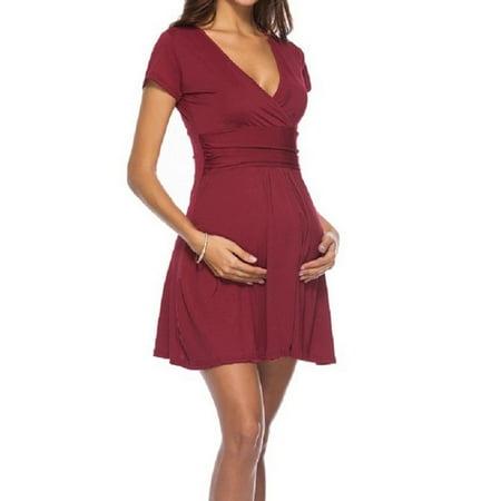 

Rewenti Pregnant Women Clothes Short Sleeve V-Neck Soild Color Maternity Casual Dress Wine 10(XL)