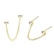 Valloey Rover Women 14K Gold Bar Earrings,Stud With Chain Hugging Minimalist Earrings