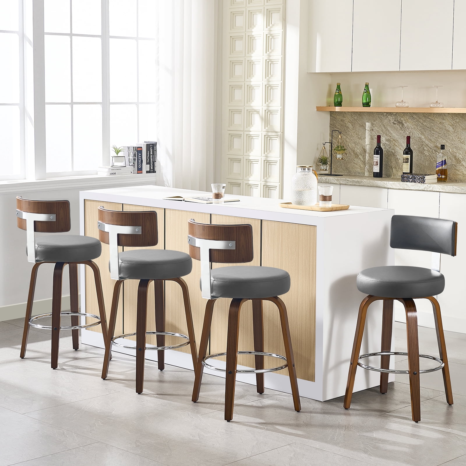 WOOW DEPOT PU Swivel Bar Stools Set of 1, 26" Seat Height Modern Upholstered Bar Chairs w/ Mid-back Round Seat Walnut Legs Leather Island Stools for Kitchen Counter