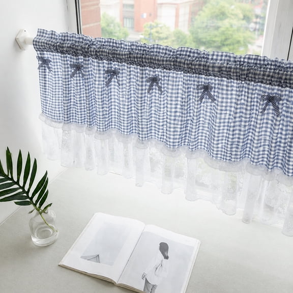 Aemutady Blue and White Checkered Curtains with Lace Trim, Semi Sheer Kitchen Window Treatment, Farmhouse Style Living Room Semi Curtains, 100 x 45 cm