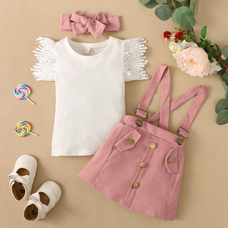 

Hunpta Toddler Girls Lace Ruffles Fly Sleeve Solid Ribbed T Shirt Tops Suspenders Skirt Headbands Outfits