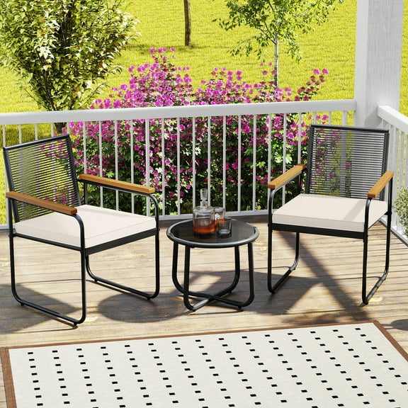 Costway 3 PCS Patio Furniture Set with Round Tempered Glass Top Table Armrests & Cushions