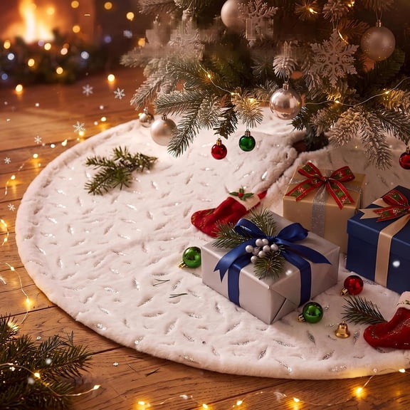 Senfot 115cm Golden Snowflake Fleece Christmas Tree Skirt Soft Plush Fabric Xmas Tree Bottom Cover Indoor Home Festive Decor