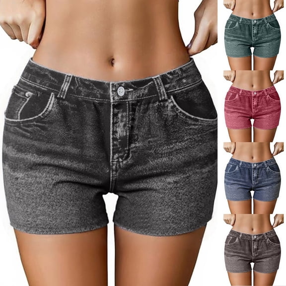 Trendfront Womens Seamless Denim Printed Bike Shorts Athletic Workout Hotpants Stretchy Yoga Fitness Activewear Bottoms