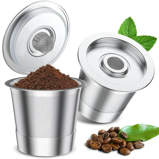 Paquete de 2 cápsulas de café reutilizables | Filtro K-Cup de malla de acero inoxidable | Tapa de silicona sin BPA | Compatible con máquinas 1.0 | Fácil de limpiar | Juego de cápsulas de café