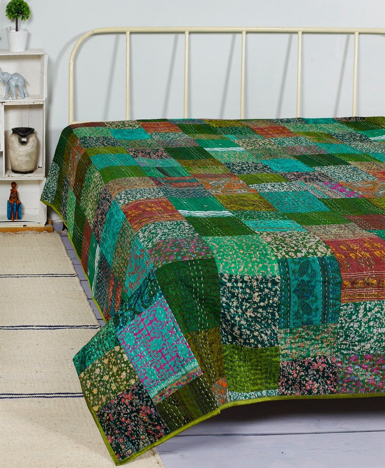 Black Kantha Quilt Vintage Hand Stitch Kantha Bedspread Bedding Throw Handmade Quilt