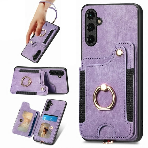 ELEHOLD for Samsung Galaxy S22 Case with Ring Holder, Galaxy S22 Wallet Case with RFID Blocking Card Holder Wristlet Strap, Magnetic Button Flip Folio Kickstand Shockproof Phone Cover,Purple