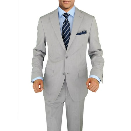 Mens Gray Suit Coat - DTI BB Signature Italian Two Button Men's Suit Trim Fit Side Vent Jacket Stripe Silver Gray