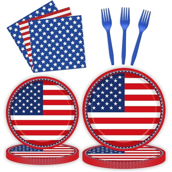 MEKBOK 96 Pcs Patriotic Decoration 4th of July Party Plates Napkins Forks Supplies Tableware Set Disposable Paper American Flag Theme Independence Day Favors, Serves 24 Guests.