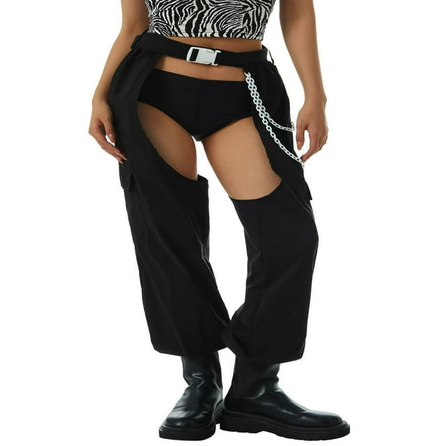 Women Crotchless Trousers Solid Color Long Pants with Chain Belt