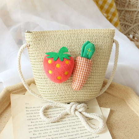 

Summer Girls Wide Brim Sun Hat or Straw Diagonal Bag with Carrot and Strawberry Garnish