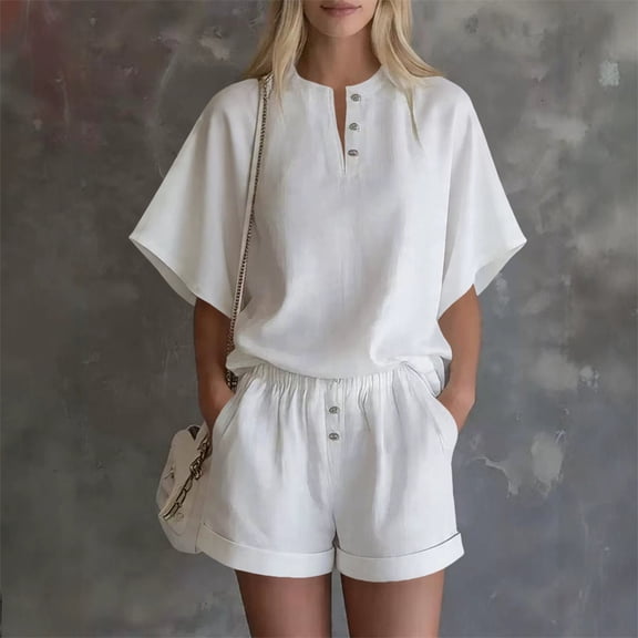 Morttic Women's Solid Color 2 Piece Set – Stand Collar Half Button Batwing Top & High Waist Rolled Shorts with Pockets White,S