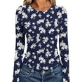 thumbnail image 2 of YUGYXL Women's Long Sleeve Shirts Ribbed Knit Slim Fit Tops Floral Printed Basic Tee Casual Stretch Crew Neck T-Shirts Blue Sweatshirt M, 2 of 6