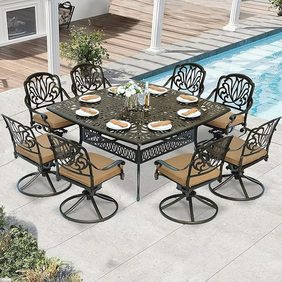 W WARMHOL 9 Piece Outdoor Patio Dining Set for 8, Cast Aluminum Large Square Dining Table & 8 Swivel Rocker Chairs with Removable Cushions, Umbrella Hole, Patio Furniture Set for Garden, Khaki