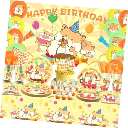 SKYSONIC Hamster Themed Birthday Party Decor - Complete Hamster Party Kit with Backdrop, Plates, Cake Topper, Cups, Napkins, Balloons, and Tablecloth for 20 Guests