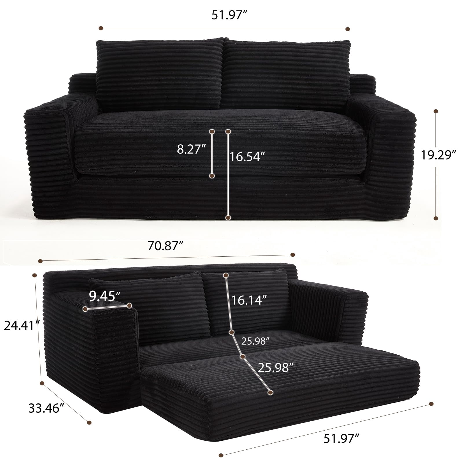 Loveseat Sofa Bed Boneless Couch, Convertible 2-in-1 Design, Corduroy Fabric - Compact Memory Foam Couch for Small Spaces, Apartments, Home Office & Bedroom (Black)